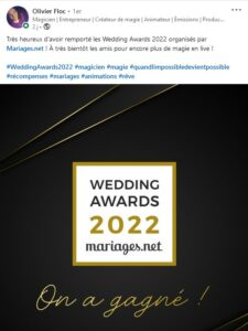 Olivier, ancien élève devenu professionnel, gagne les wedding Awards 2022 (mariages.net).